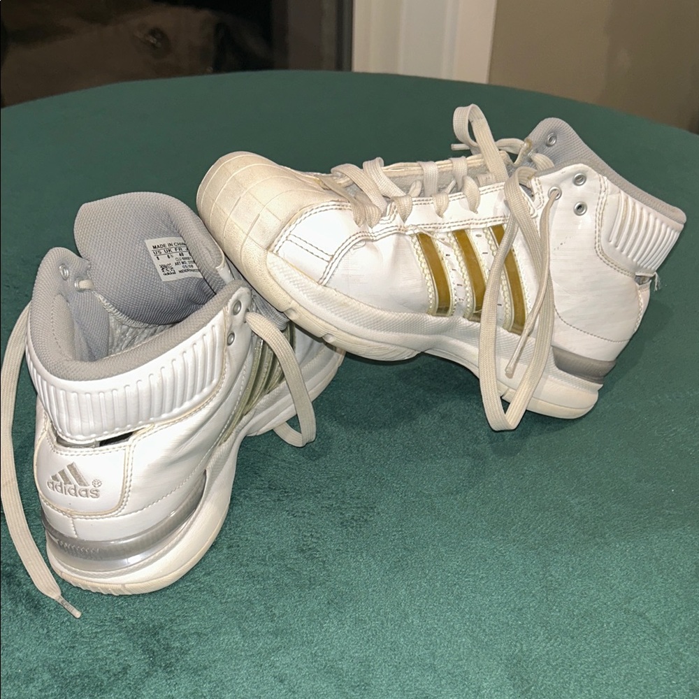Adidas Men’s White and Gold High-Top Sneakers - Size 8